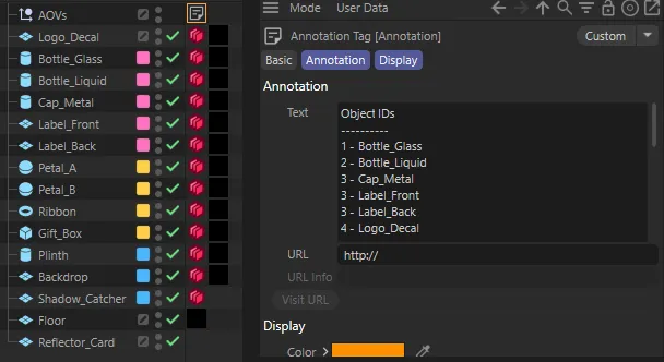 The AOVs null and its Annotation tag in the Object Manager, with the Attribute Manager showing the tag text listing Object IDs by object name