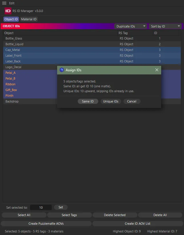 The Assign IDs dialog over the panel: 5 objects selected, 10 typed into Set selected to, with Same ID, Unique IDs and Cancel buttons