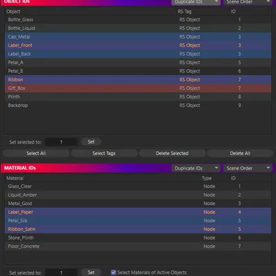 The RS ID Manager panel with both lists, duplicate Object and Material IDs tinted in matching colours, and the footer reading 2 objects, 2 RS tags and 2 materials selected