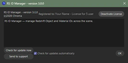 The aescripts licence window on a licensed copy, showing Registered to: Your Name - License for 5 user and the Deactivate License button