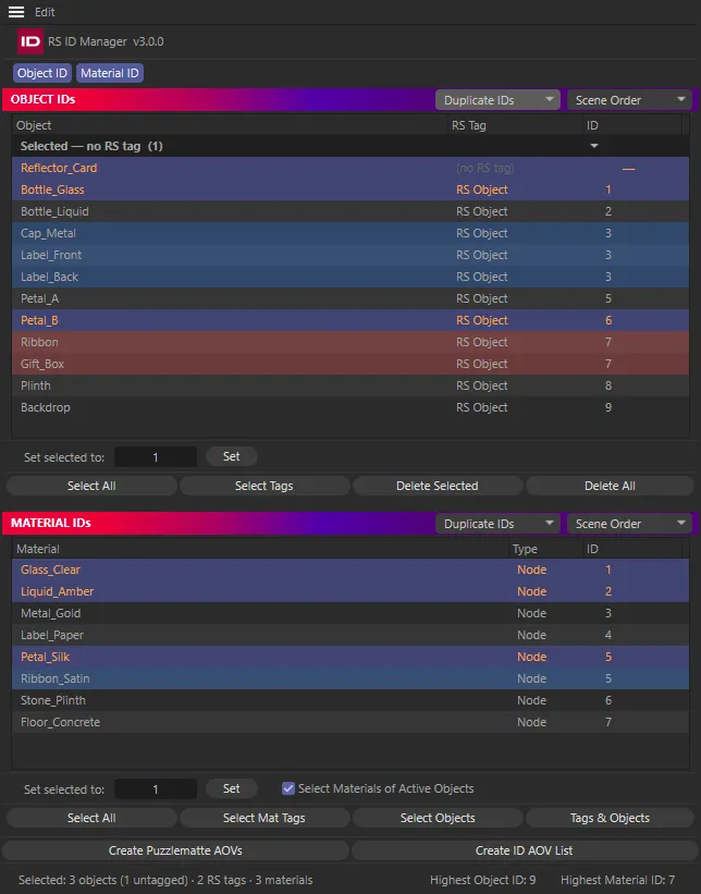 The RS ID Manager panel floating: title row, Object ID and Material ID tabs, the OBJECT IDs and MATERIAL IDs banners with their colour and order menus, both lists, the Set rows, the action and AOV buttons, and a footer reading 3 objects (1 untagged), 2 RS tags and 3 materials