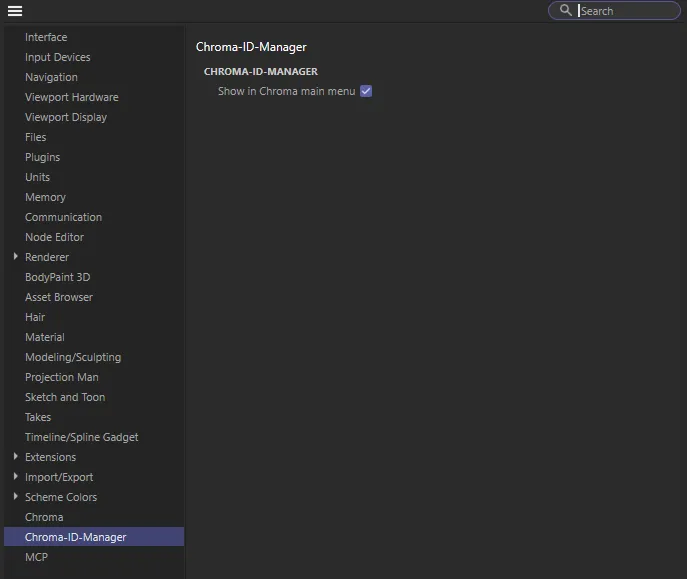 Cinema 4D Preferences open on the Chroma-ID-Manager page, with Show in Chroma main menu ticked