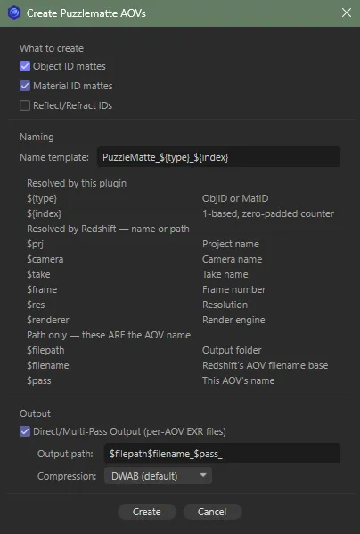 The Create Puzzlematte AOVs dialog with Object ID mattes and Material ID mattes ticked, the naming template and token list, and Direct/Multi-Pass Output ticked showing Output path and Compression