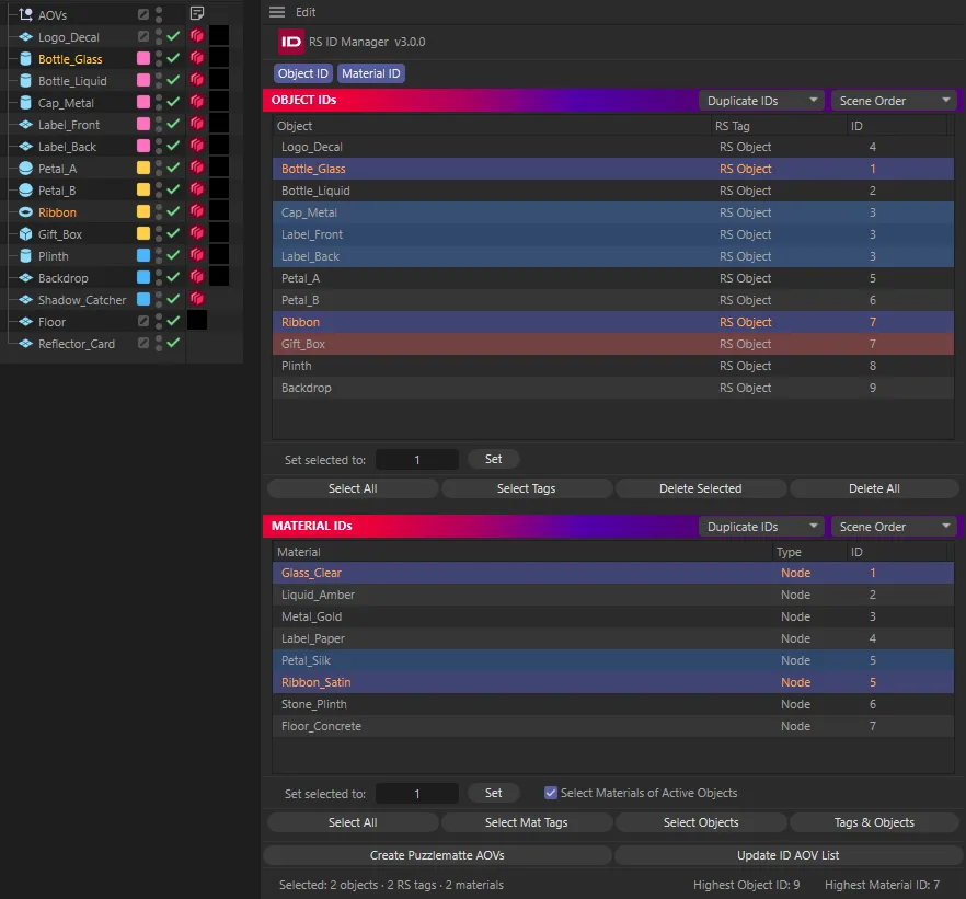 The Object Manager beside the panel: Bottle_Glass and Ribbon selected in the Object Manager, their rows highlighted in OBJECT IDs and their materials Glass_Clear and Ribbon_Satin highlighted in MATERIAL IDs