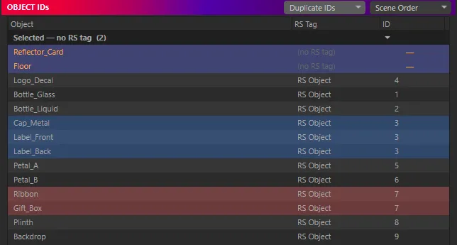 The OBJECT IDs list with Reflector_Card and Floor under a Selected — no RS tag (2) header, shown as (no RS tag) above the tagged rows