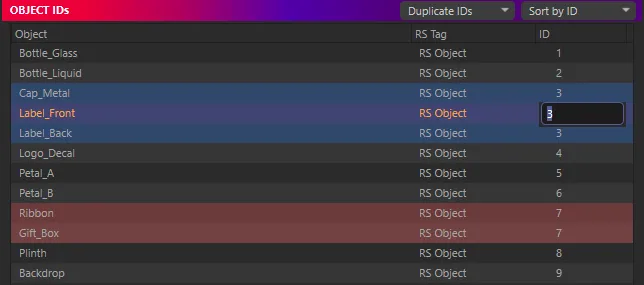The OBJECT IDs list with the ID cell of Label_Front open for in-place editing after a double-click